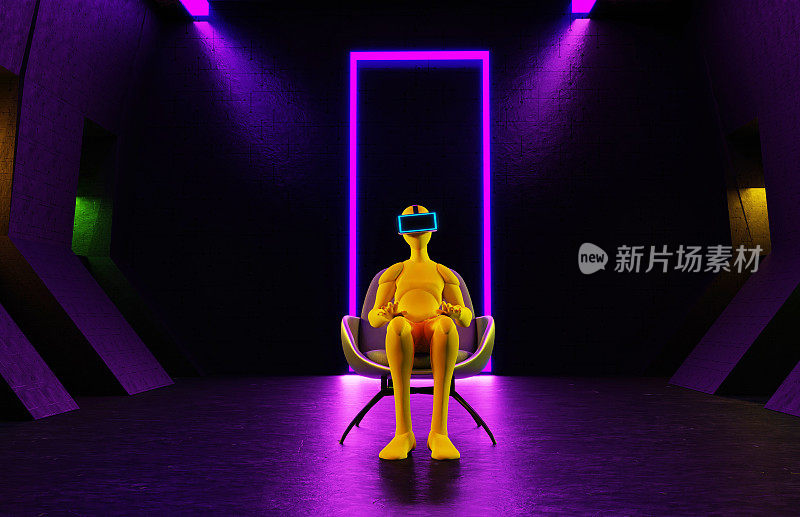 未来科幻小说中黑暗的空房间。紫色霓虹灯发光。地板与反射3D渲染。戴着虚拟现实眼镜的男人。概念网络朋克