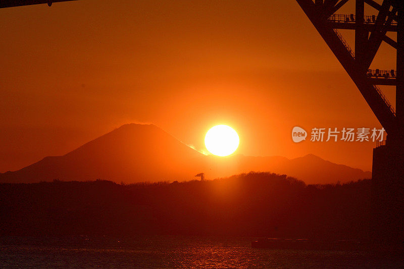 富士山上的日落，东京门桥下的景象:从东京若须海边公园看