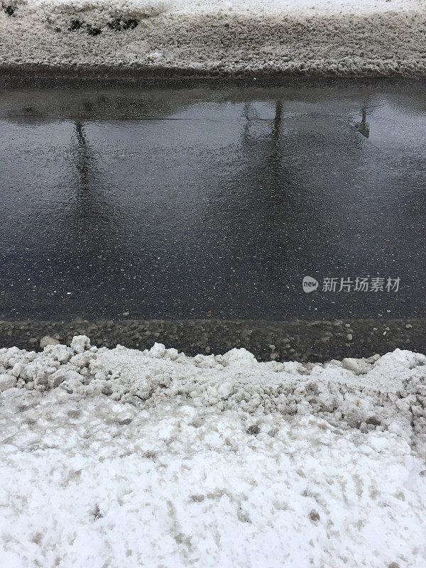 潮湿的柏油路和积雪的人行道