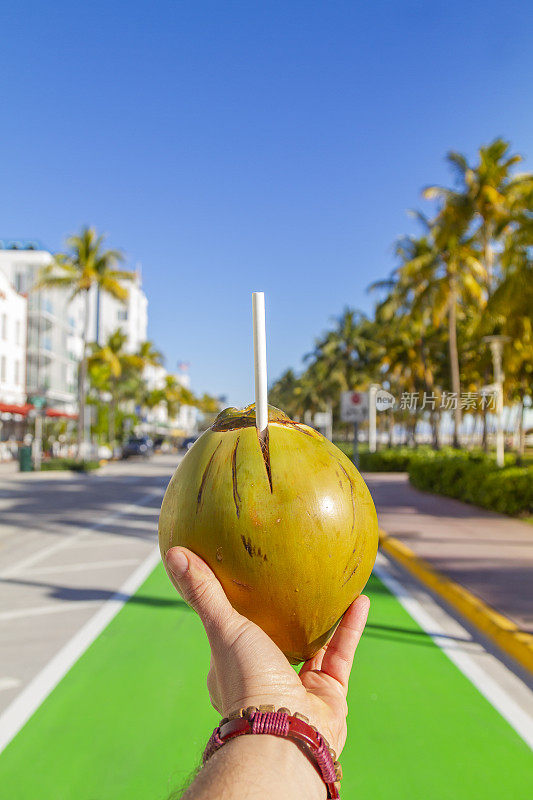 一个年轻的旅行男性享受他的假期，在海洋大道前，南海滩，迈阿密海滩，迈阿密，南佛罗里达，美国