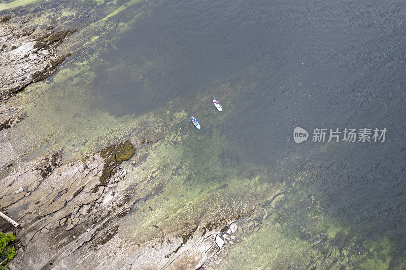 一对沿着海岸线划桨的情侣