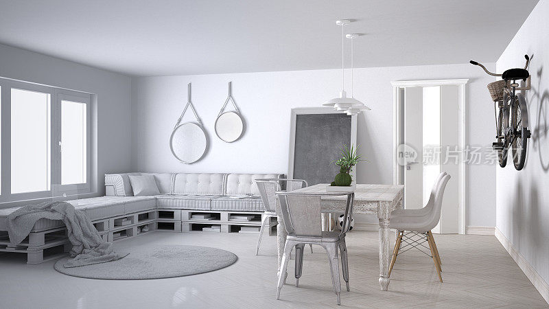 未完成的项目草案，斯堪的纳维亚极简主义客厅，DIY托盘沙发和复古餐桌，当代建筑室内设计