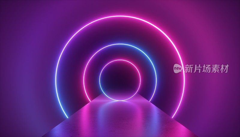 3d渲染，虚拟现实环境，霓虹灯，圆形门户，环，圆，隧道，紫外线光谱，抽象背景，激光秀，时装t台，方式，舞台，地板反射