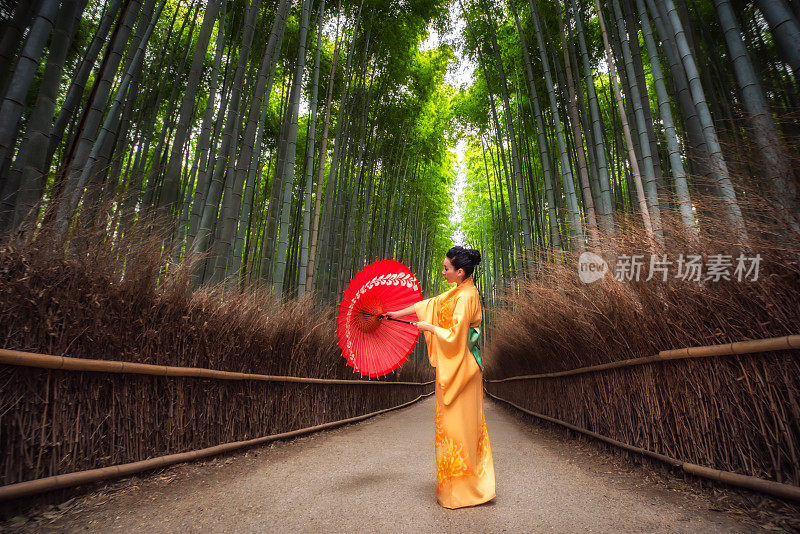 在京都的岚山竹林，一名穿着和服、带着红色雨伞的女游客。日本