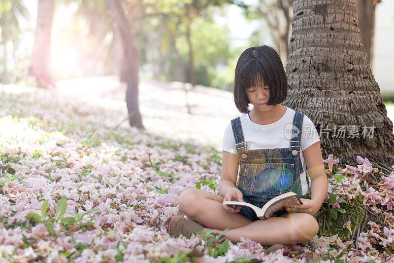 可爱的亚洲女性孩子阅读识字公园。儿童读者阅读青少年小说在花园公园的粉红色的花。
