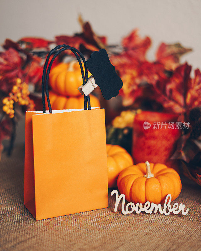 秋季概念-礼品袋与迷你南瓜在背景