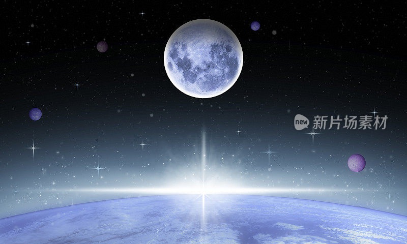 蓝月亮，行星地球，爆发的光-外太空场景
