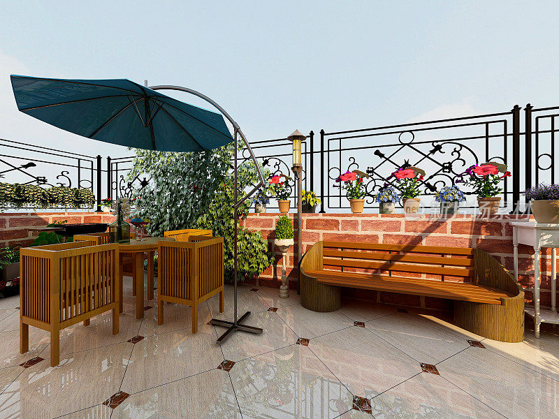 露天庭院的3D渲染、亭子、沙滩椅、绿色植物等