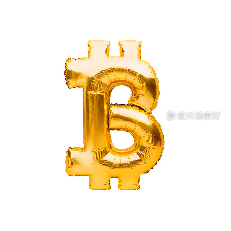黄金比特币货币符号由充气气球制成。金箔气球标志。加密货币黄金比特币，比特币，比特币。区块链技术，比特币挖矿概念。