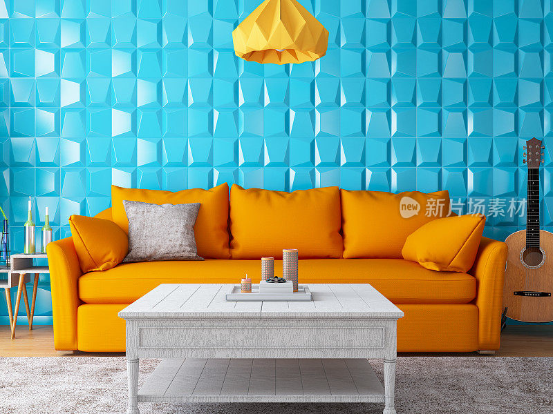 橙色和蓝色的客厅和沙发