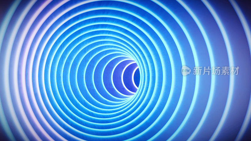 蓝色发光的简单弯曲螺旋隧道艺术设计与递减的视角
