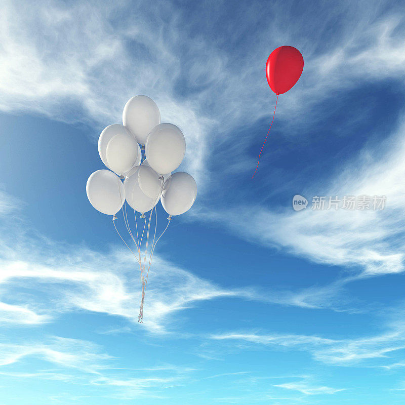 红色的气球飞走了，一群白色的气球在天空中飞舞。在人群中脱颖而出，成为不同的概念。这是一个3d渲染图。