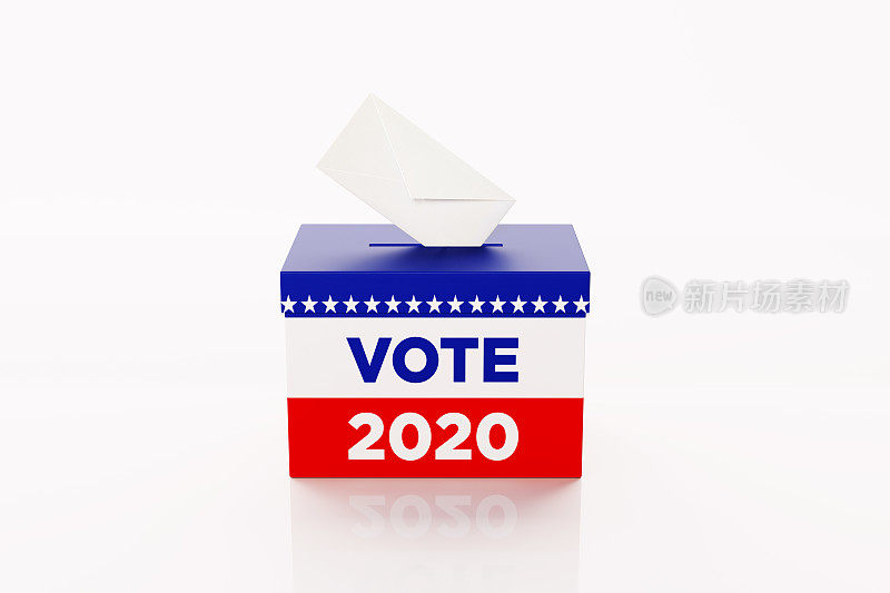 投票2020书面投票箱和白色信封坐在白色的背景