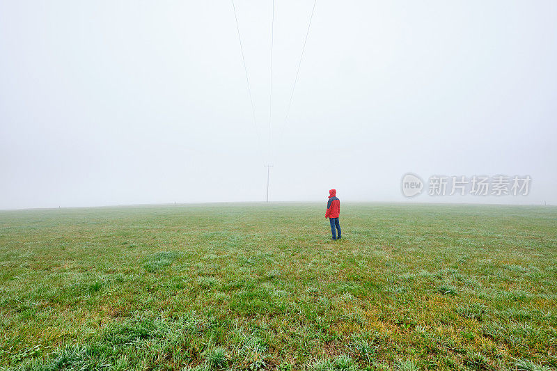 在浓雾中，身穿红色夹克的人站在草地上的背影