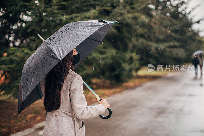 下雨天带着伞走在街上的女人