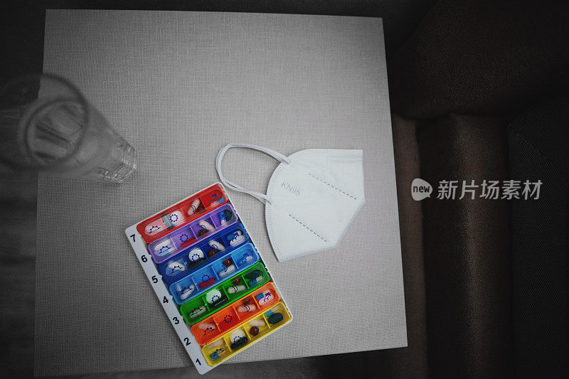 药片收纳器，N95面膜，床头柜上放杯水。