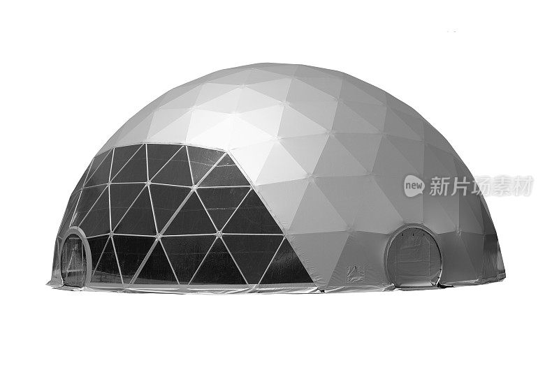 太空基地结构，白色背景上白色和深灰色的圆形塑料帐篷