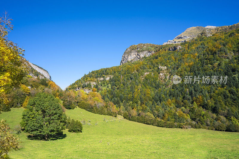 奥德萨比利牛斯山在韦斯卡的秋天山谷的全部布哈鲁洛