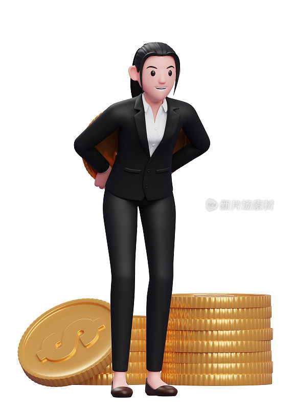 美丽的商业女性在黑色西装携带一个巨大的硬币在他的背上，一个商业女性在黑色西装持有一美元硬币的3d插图