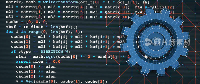 摘要用Python编程语言编写计算机辅助设计概念和蓝色三维网格齿轮模型设计图。特写，水平构图。