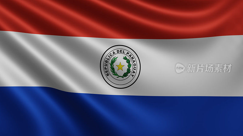 巴拉圭国旗在风中飘扬的特写，巴拉圭国旗在4k分辨率下飘扬，特写，颜色:RGB。