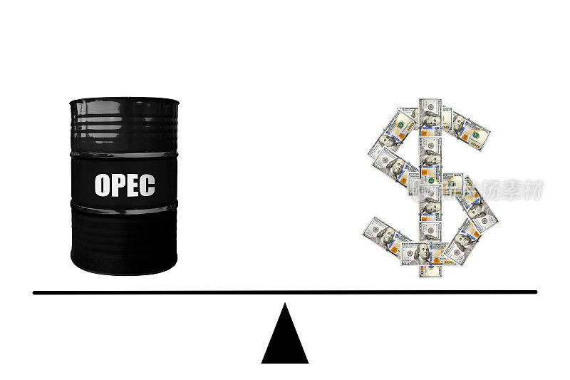 100美元和原油桶，上面标着欧佩克的字样