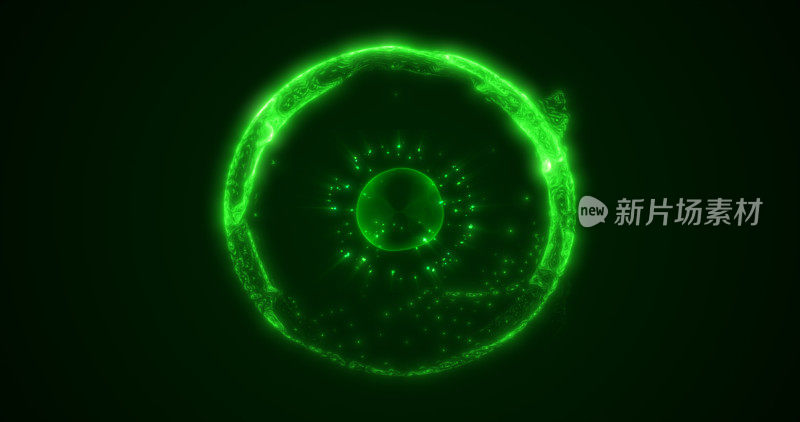 能量绿色发光的宇宙魔球，未来感十足的高科技圆球，明亮的原子电制成，背景
