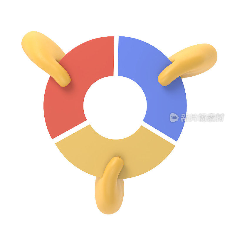 市场占有率经营理念。相互竞争的商人手里拿着饼状图。竞争。经济金融股利润。三维插图平面设计。白色背景的3D渲染。