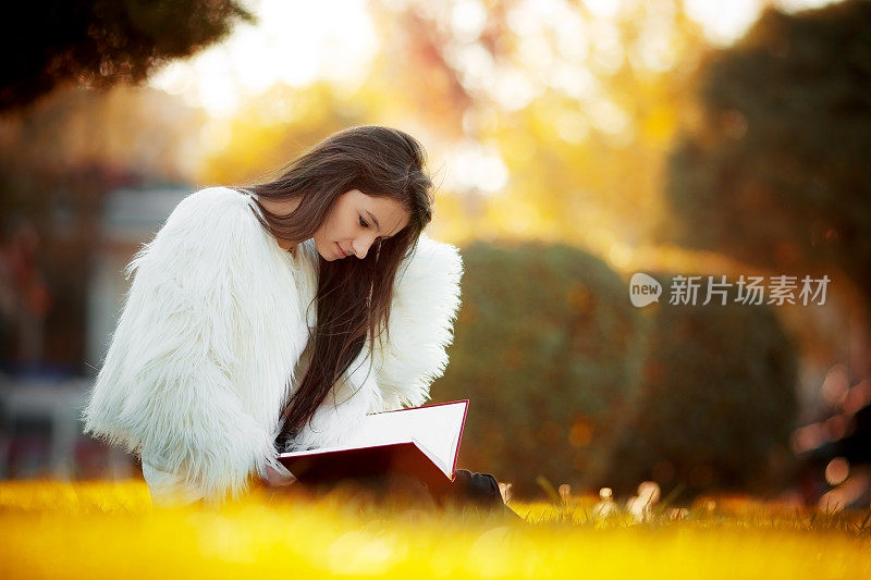 女孩坐在秋天的草地上看书