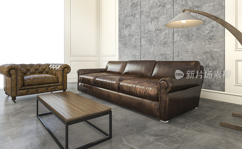 3d渲染惊人的真皮沙发阁楼客厅