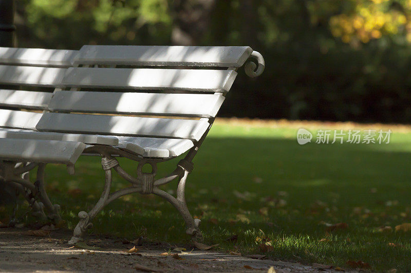 公园里白色的木凳在秋日的阳光和阴影下