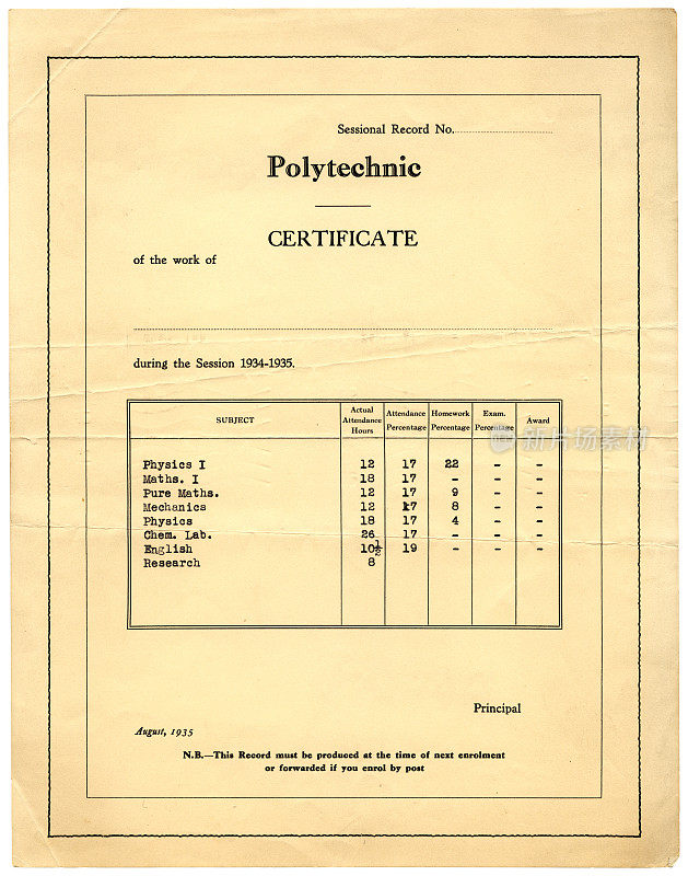 英国理工学院毕业证书，1935年