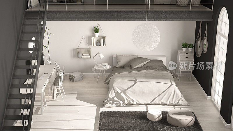 斯堪的纳维亚白色和灰色极简阁楼卧室，俯视图，经典的室内设计