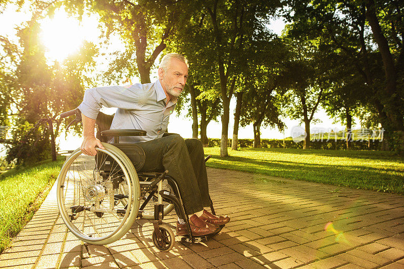 那位老人正坐在公园里的轮椅上，试图去公园
