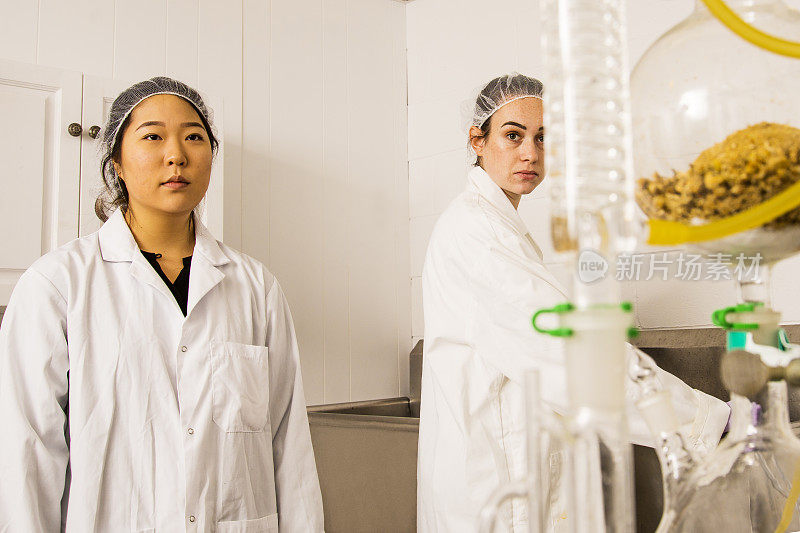 两名技术人员在植物天然化妆品实验室工作。