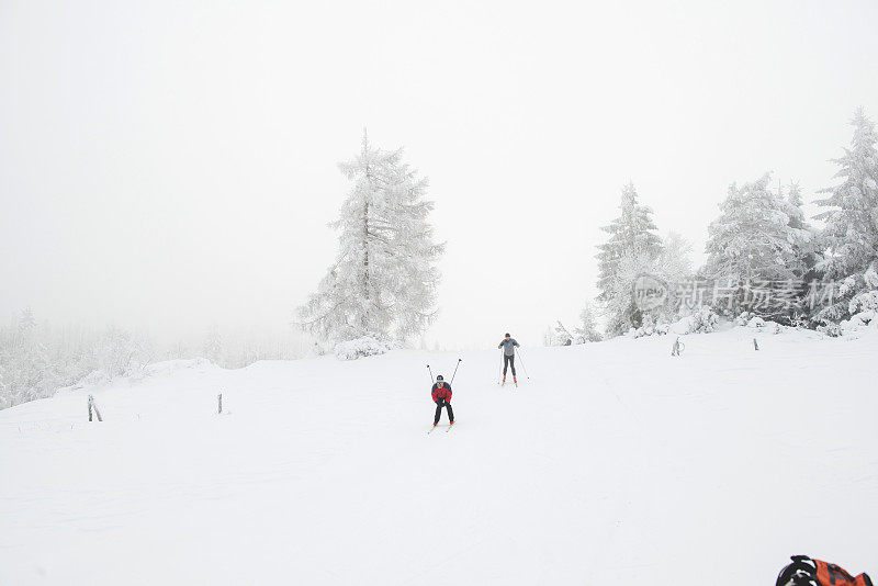 两名资深男子越野滑雪在大雾天气，欧洲