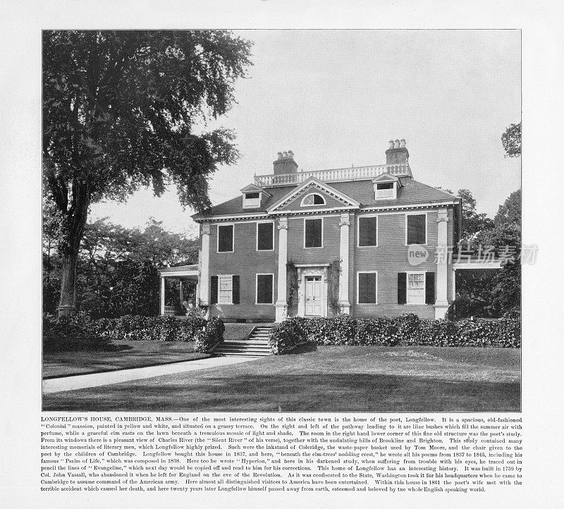 美国古董摄影:朗费罗的房子，剑桥，马萨诸塞州，美国，1893