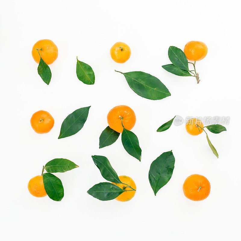 白色背景的柑橘类水果。水果的模式。平的。俯视图
