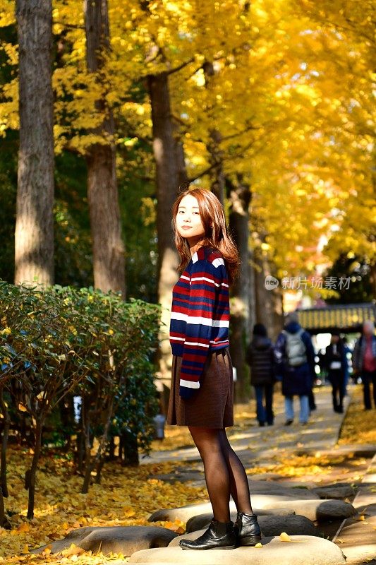 年轻的日本女人享受金黄的银杏树