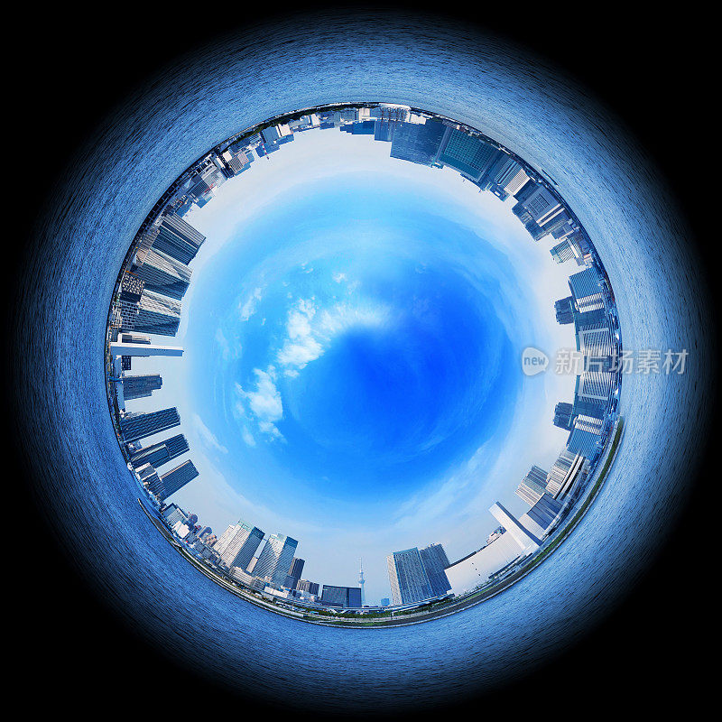 城市天际线的圆形全景，如用鱼眼镜头拍摄