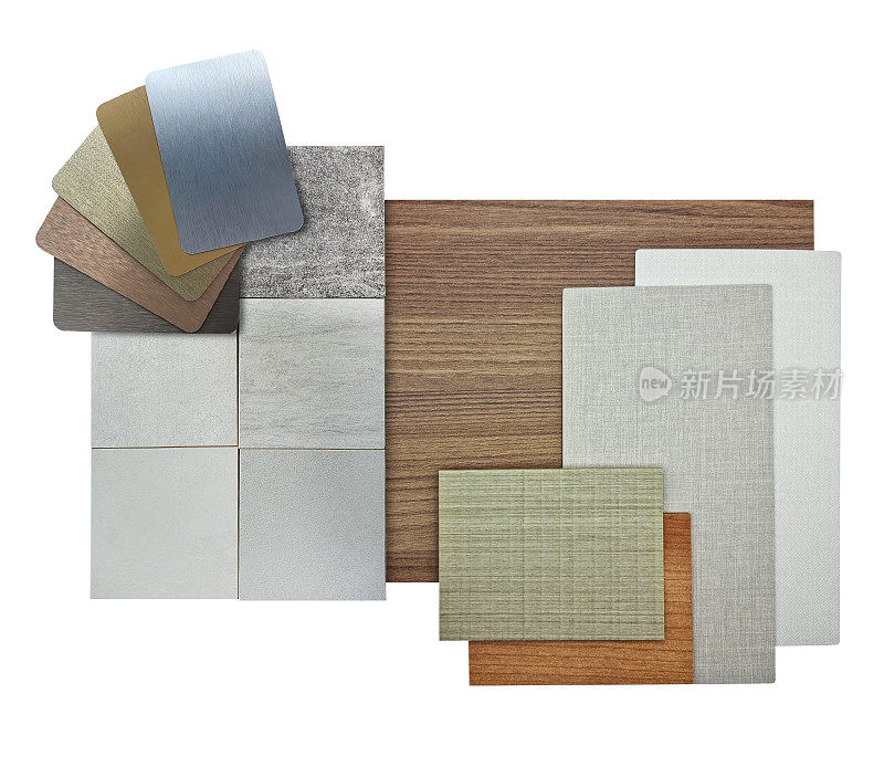 室内材料样品包括木制贴面，灰色织物层压，石材和水泥瓦，多种颜色的金属不锈钢隔离在背景上与裁剪路径。内饰材料板。