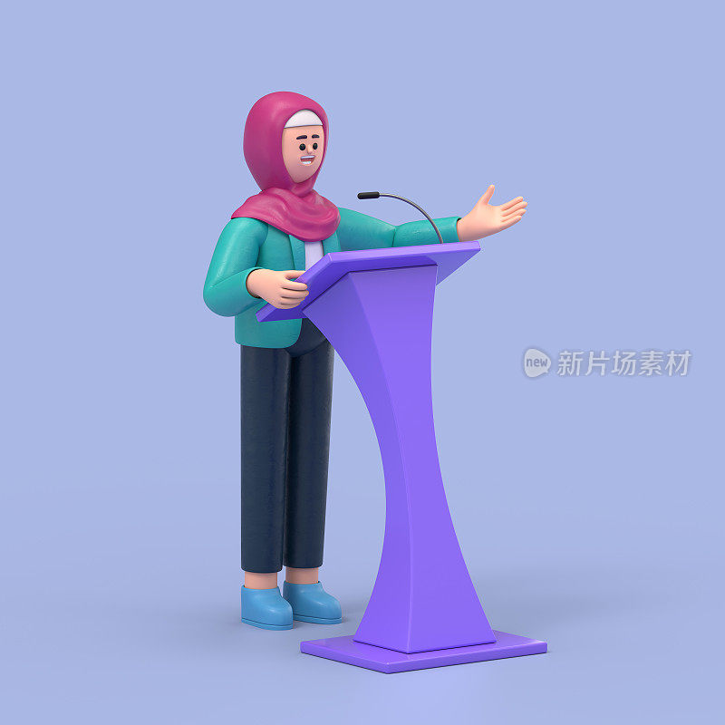 三维插图微笑的阿拉伯妇女Ghaliyah在会议上发言。蓝色背景的3D渲染。