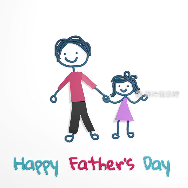 父亲节当天，父亲带着女儿在白色背景上散步的幼稚画