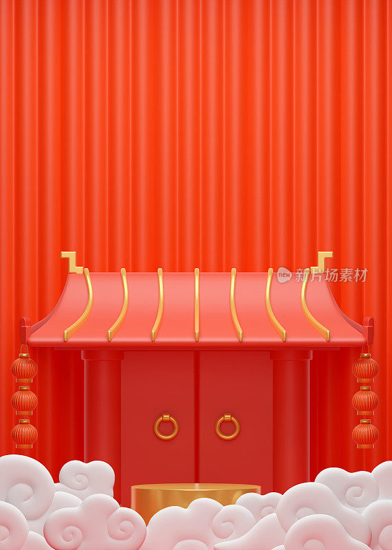 中国新年2023年兔年。中国生肖模板，海报横幅传单中国新年中国寺庙大门和复制空间。3D渲染图