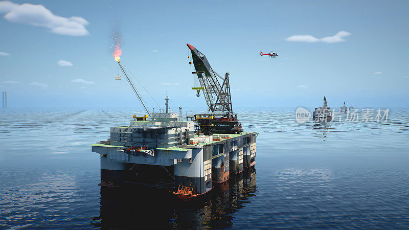 海洋工业油气生产石油管道。海上石油平台白天近距离工作的航拍照片
