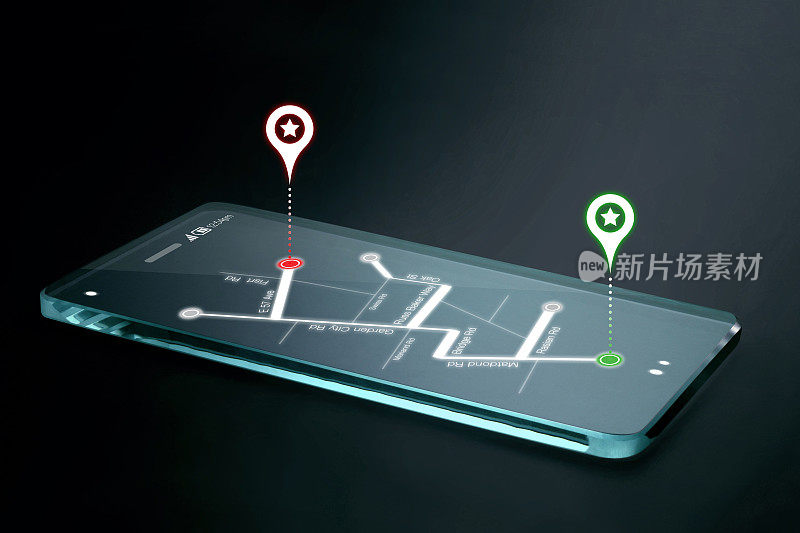 透明的智能手机屏幕上的地图和导航图标