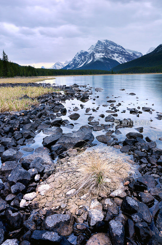 在加拿大落基山脉的水鸟湖中倒影的黄昏山景