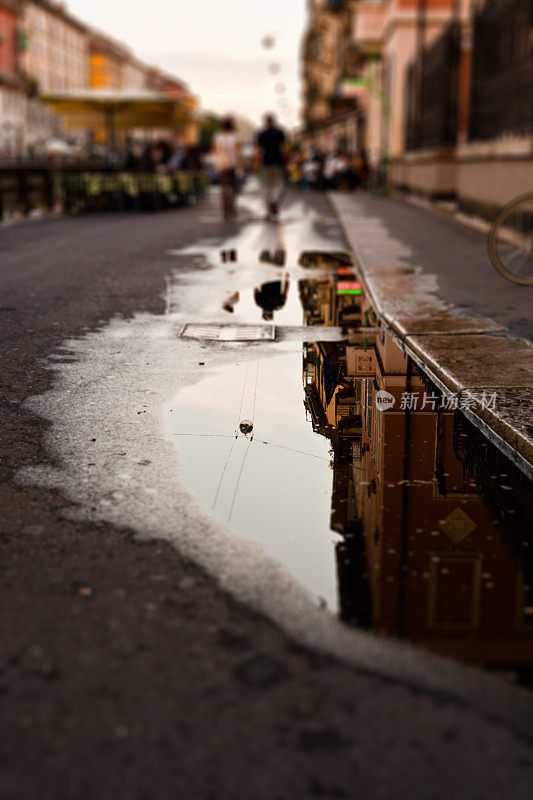 米兰的湿街，倾斜移位镜头