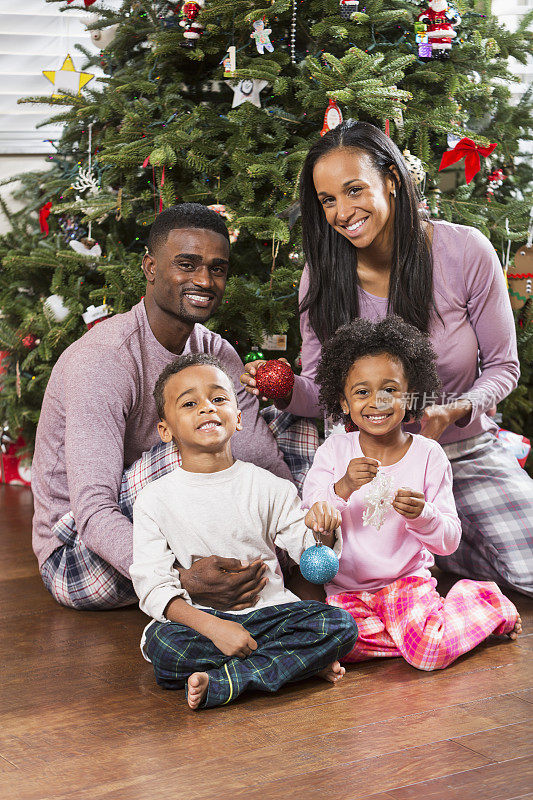 非裔美国人家庭假日肖像，在圣诞树前