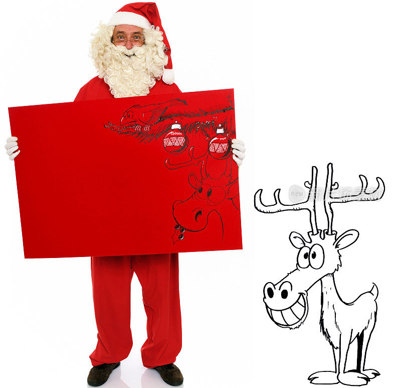 圣诞老人带着驯鹿和圣诞卡片